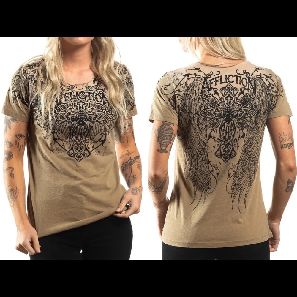 Affliction Women's T-Shirt Carvina Scoop Neck Biker Tattoo